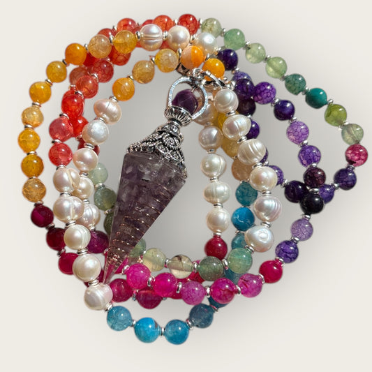 Pendelkette aus bunten Perlen mit Amethyst Anhänger