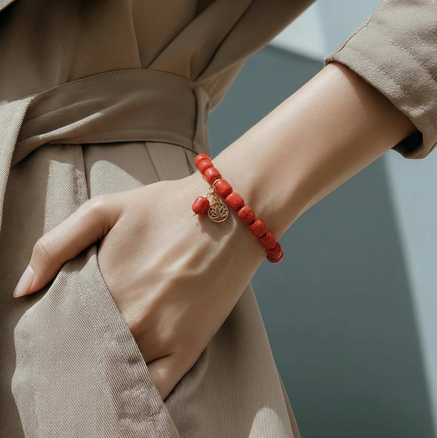 Boho-Armband in rot - mit kleinem Lotusanhänger