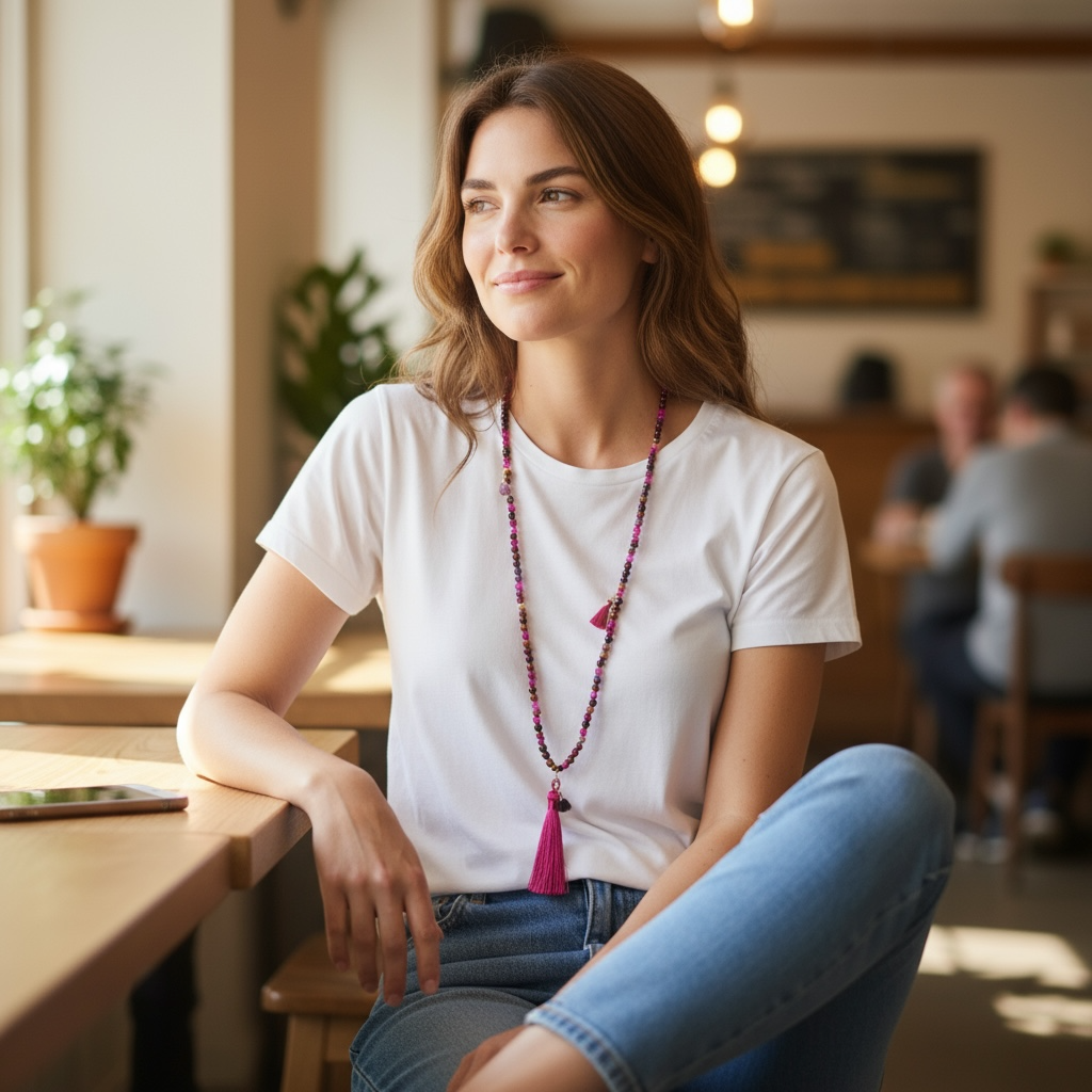 Lange Kette mit Quaste in pink