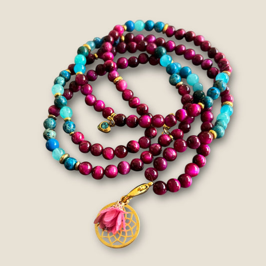 Handgemachte Kette aus Naturstein mit Edelstahl Anhänger Blume des Lebens