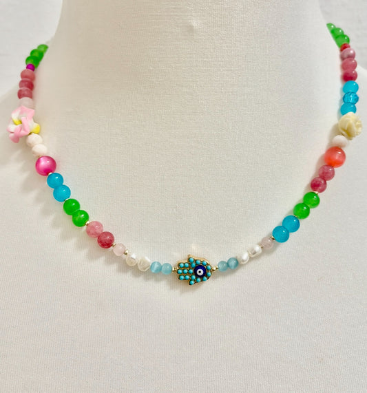 HAWAII Kurze Statement mit Hamsa Hand und Frangipani Blüte