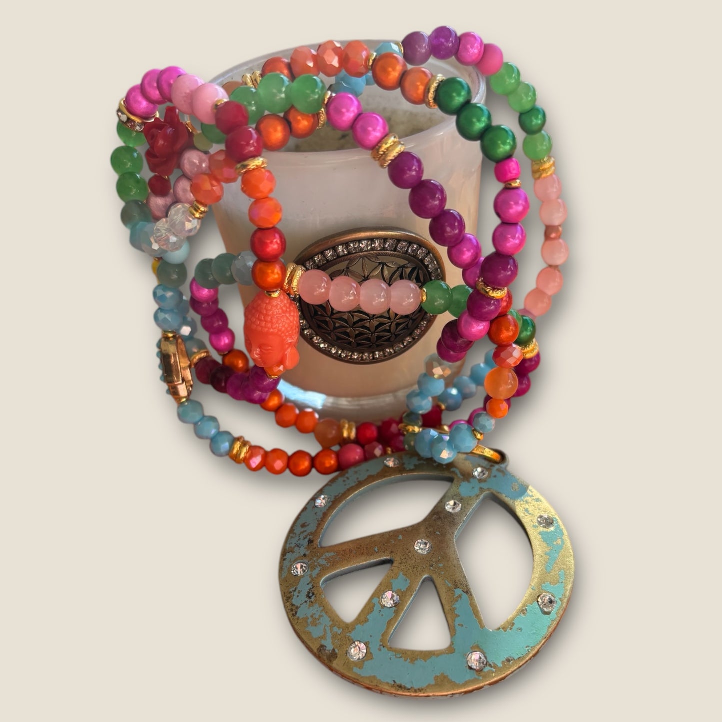 Lange Kette bunt mit Peace Anhänger