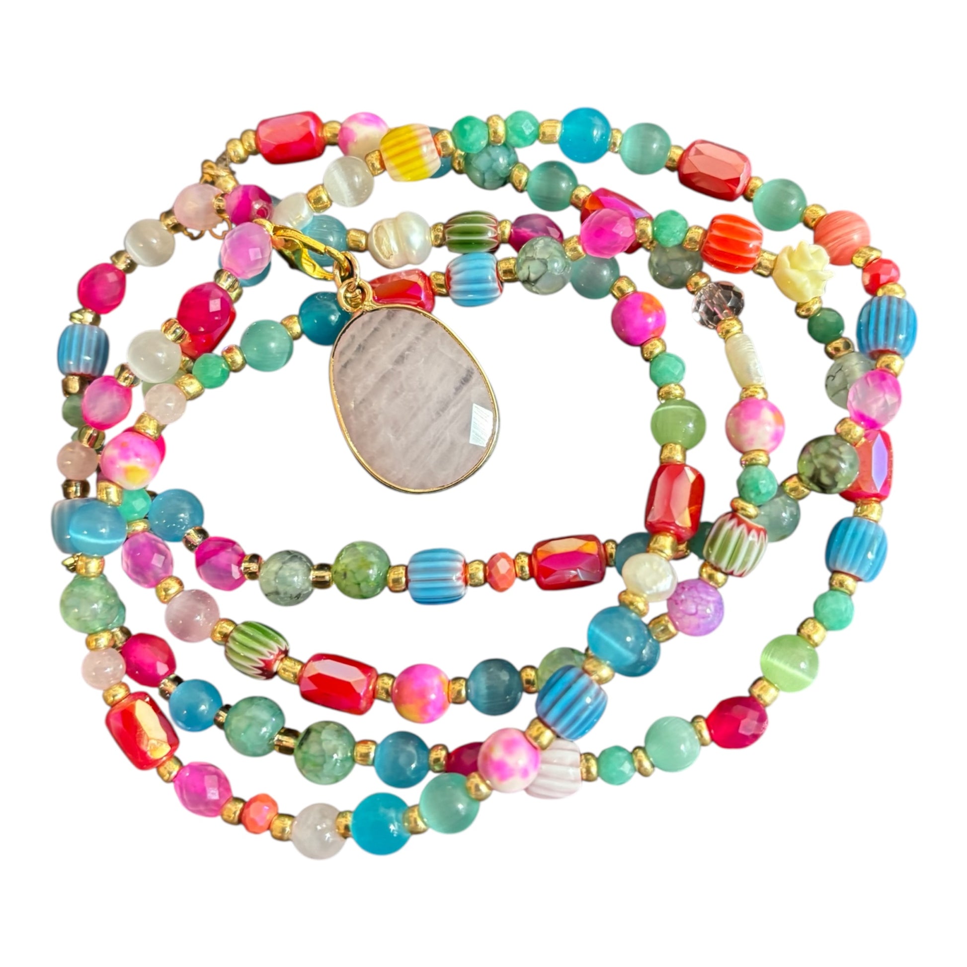 Bunte Bohokette aus Perlen mit Rosenquarz Anhänger