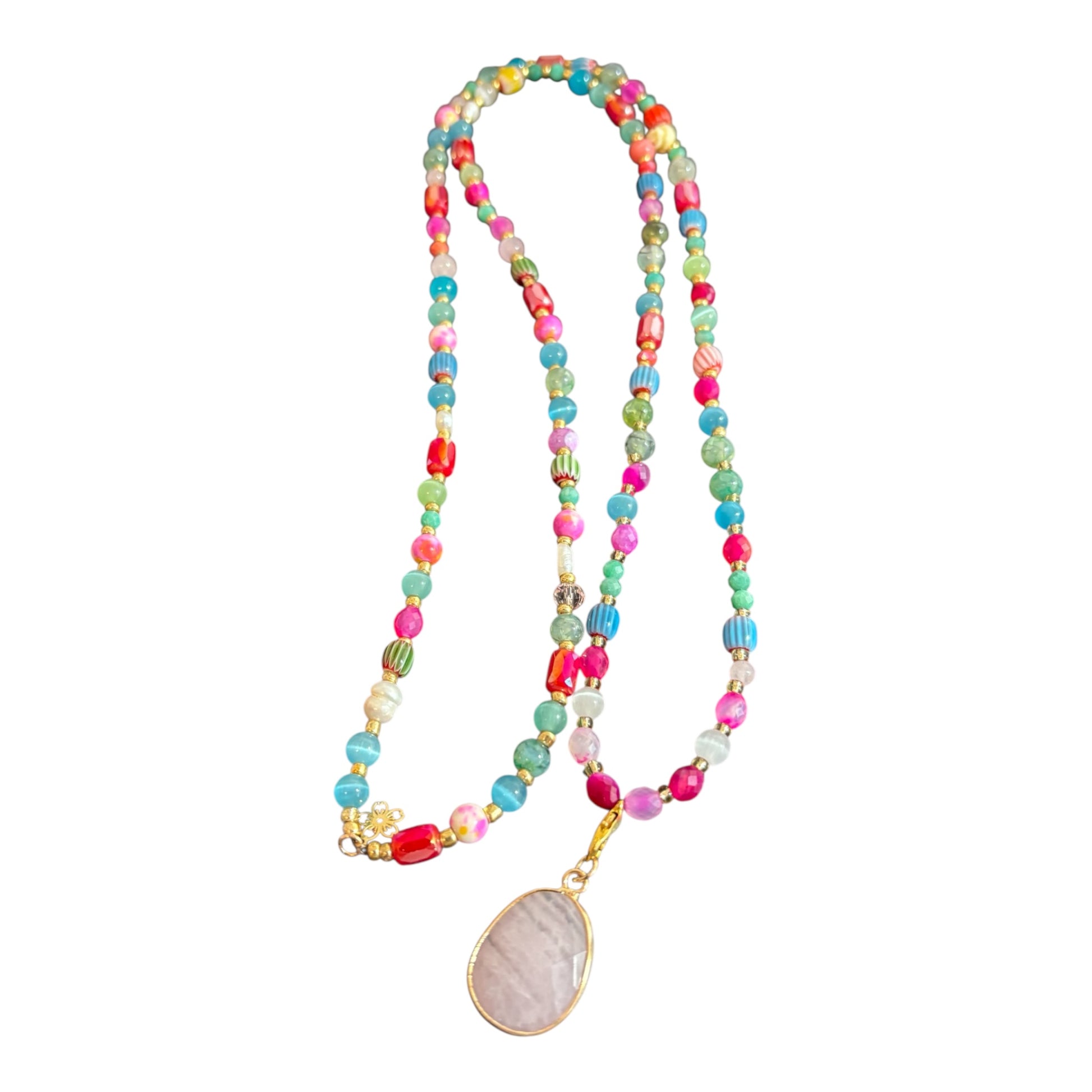 Bunte Perlenkette für Damen mit Rosenquarz Anhänger