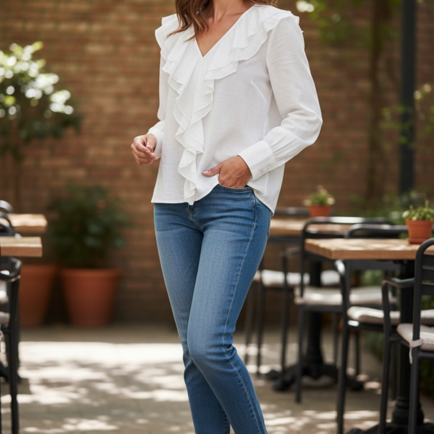 weiße Damenbluse mit Volant