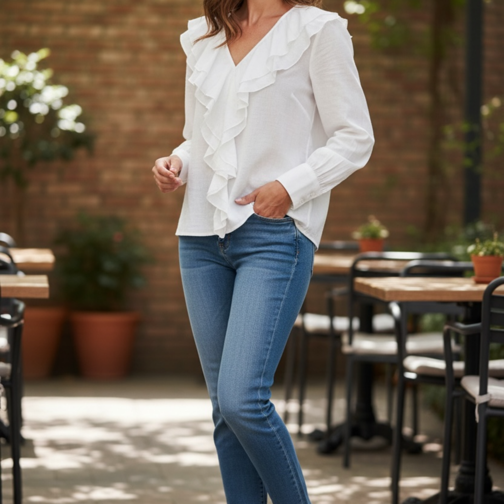 weiße Damenbluse mit Volant