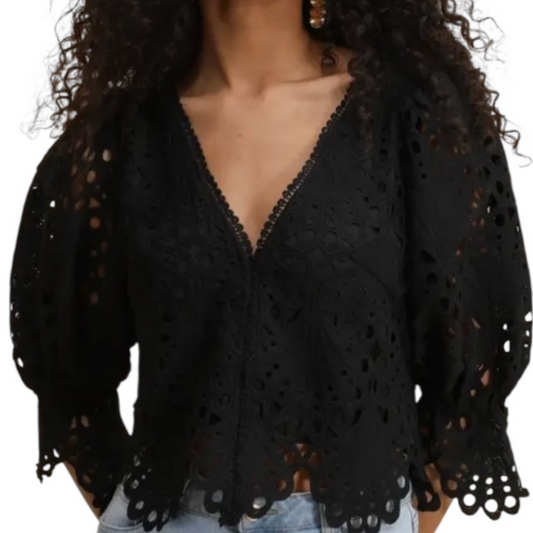 Spitzenbluse mit halblangen Ärmeln - Schwarze Sommerbluse