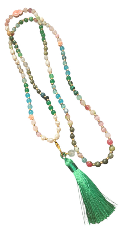 Boho Kette mit grüner Quaste und Edelstein Anhänger