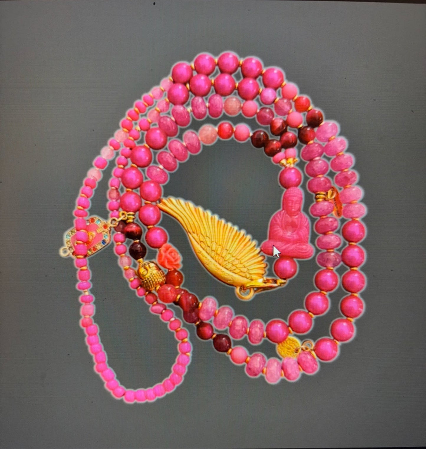 Boho Kette in Pink - mit Buddha und Flügelanhänger