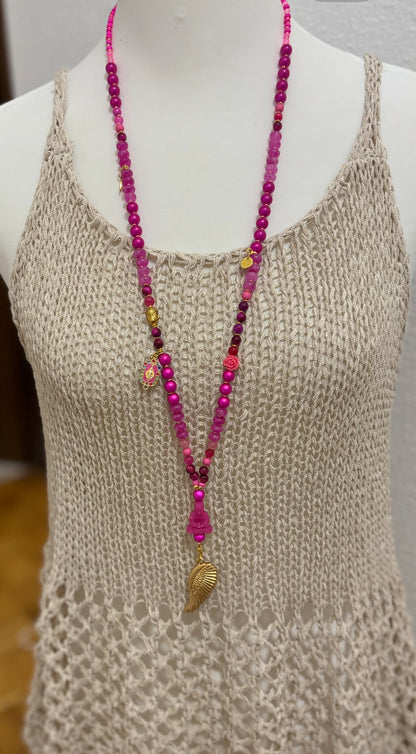 HOT PINK - Lange Boho Kette mit Buddha und Engelsflügel