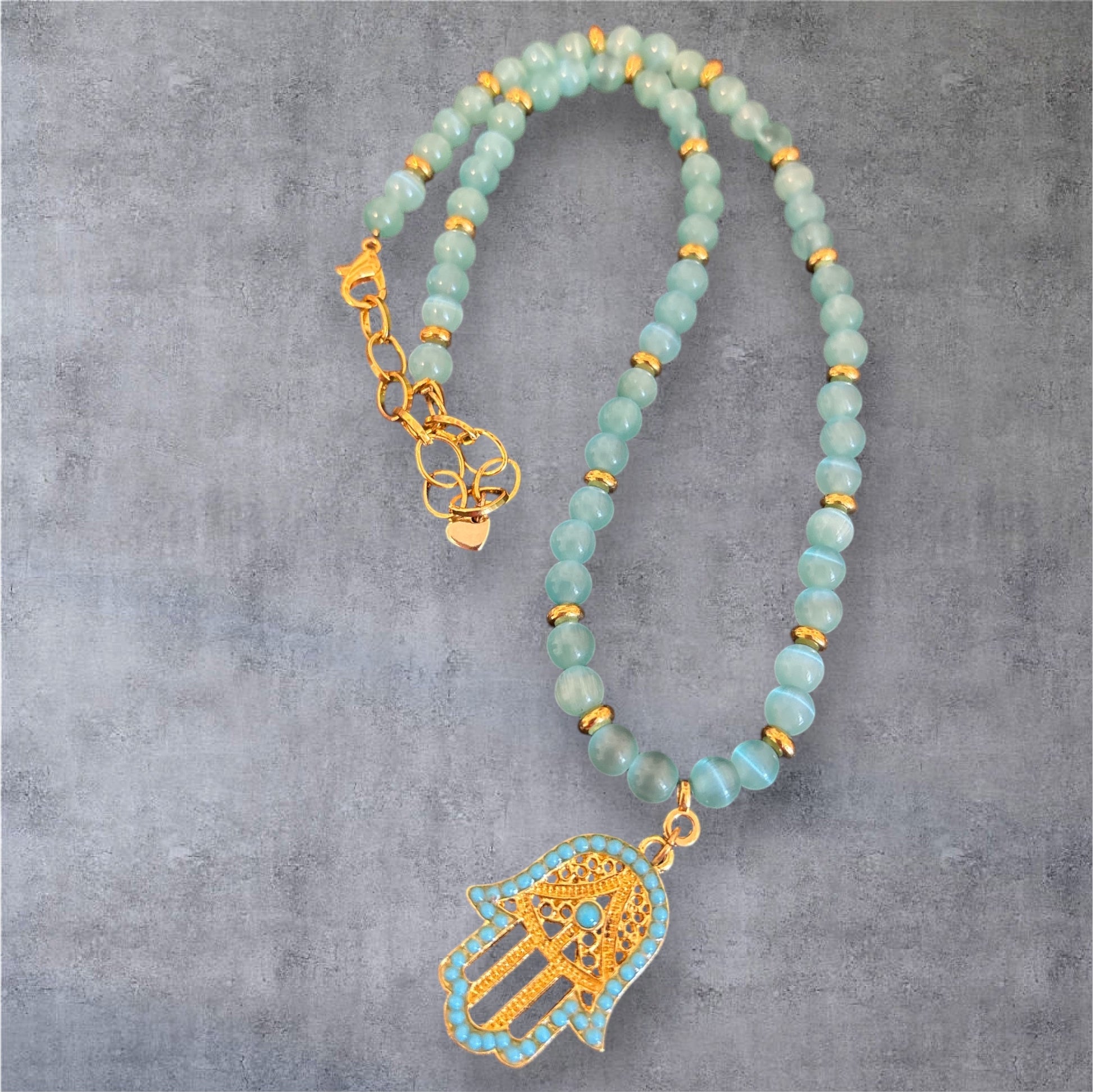 Kurze Perlenkette - türkis - Hamsa Hand - casa-petrada