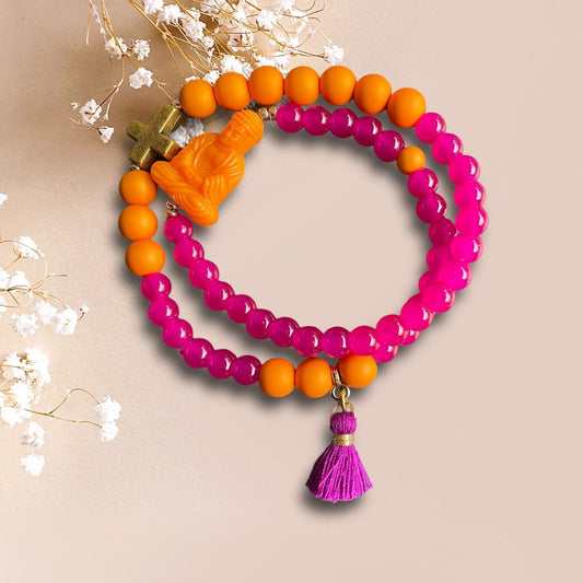 Wickelaramband BUDDHA DAY aus Perlen in pink und orange mit einer Motiv Perle Buddha