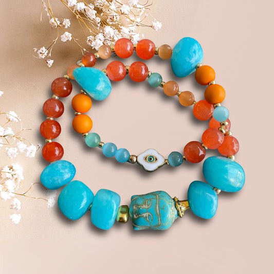 Armband ROMA aus Perlen in orange und türkis mit einer Buddha Perle