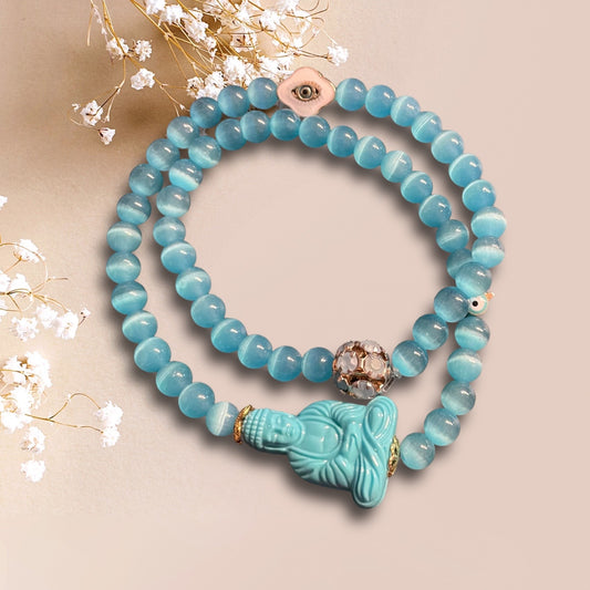 Armband EDIBE aus Cateye Perlen in türkis mit einer Buddha Perle