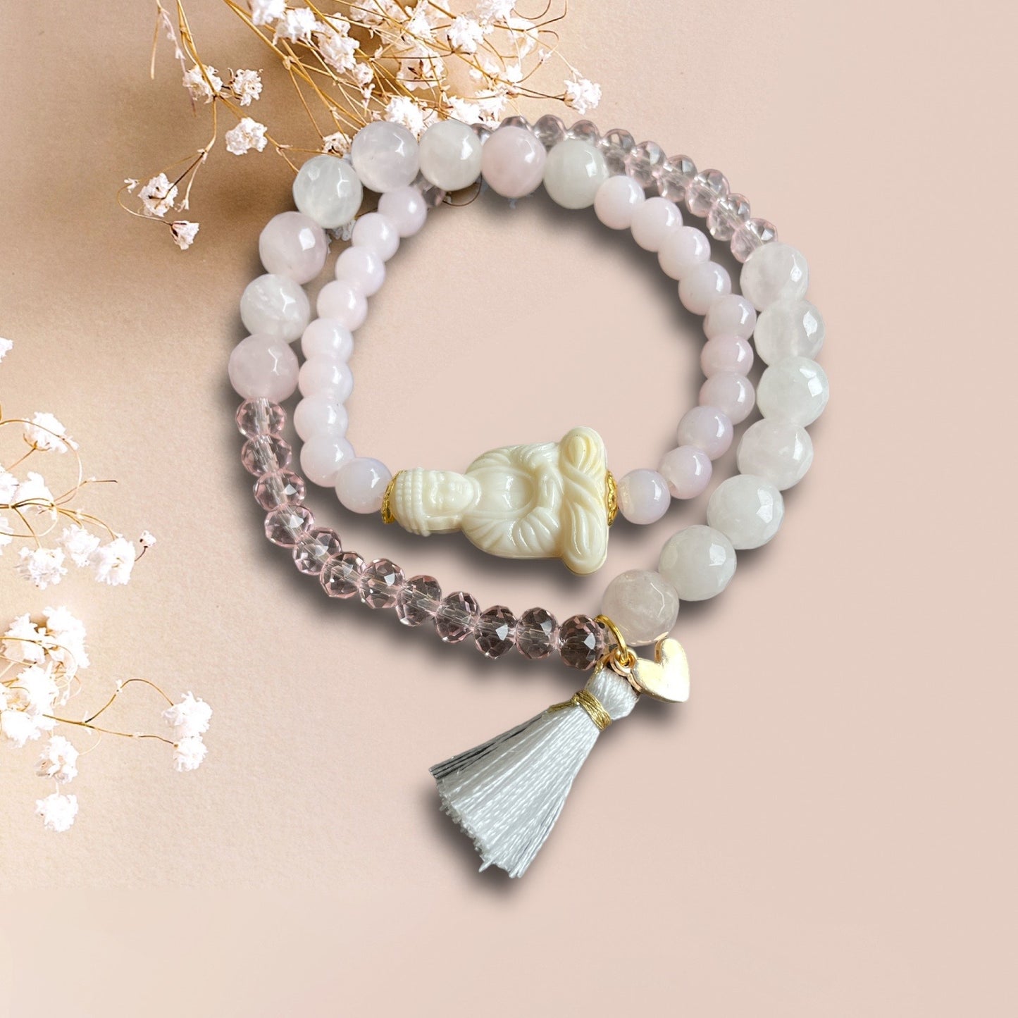 Armband MALCU aus Rosenquarz Perlen mit einer Buddha Perle
