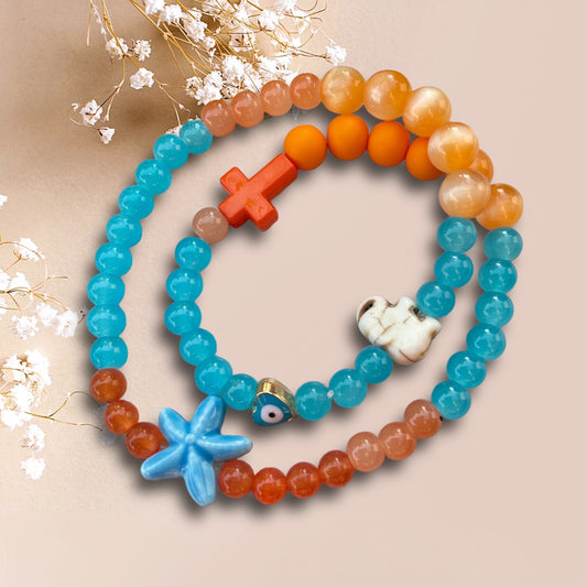Wickelarmband SEESTERN aus Perlen in orange und türkis mit einer Perle Seestern