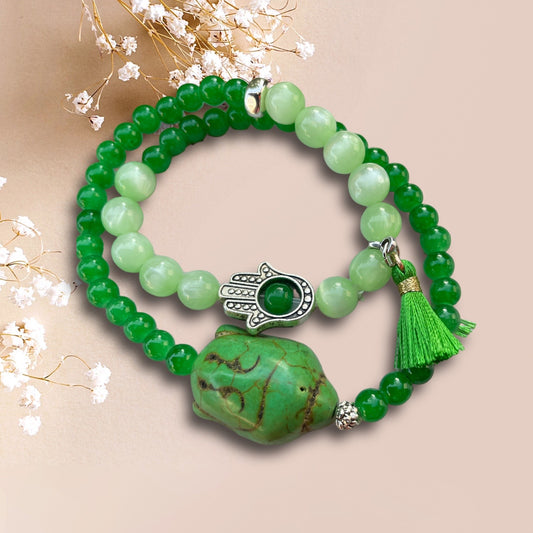 Wickelarmband DREAM GREEN aus grünen Perlen und einer Perle Buddha Kopf