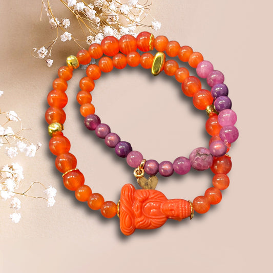 Wickelarmband ORANGE in den Farben orange und lila mit einer Buddha Perle