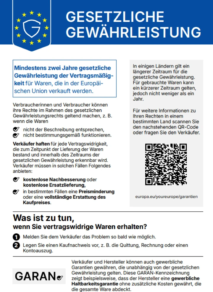 EU-Hinweis „Gesetzliche Gewährleistung“: Mindestens zwei Jahre gesetzliche Gewährleistung der Vertragsmäßigkeit für Waren, die in der Europäischen Union verkauft werden.